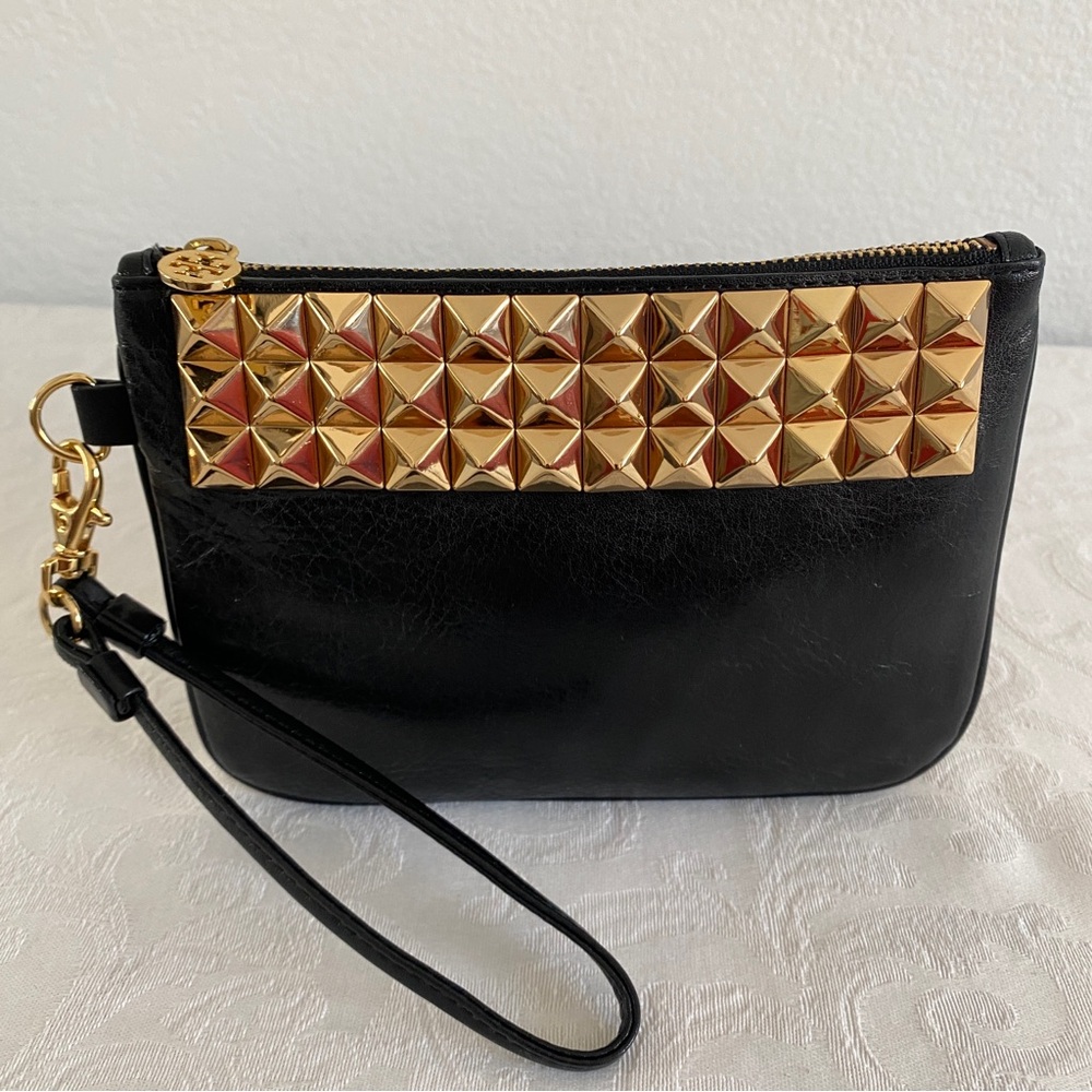 Tory Burch Black Wristlet with Gold Pyramid Studs